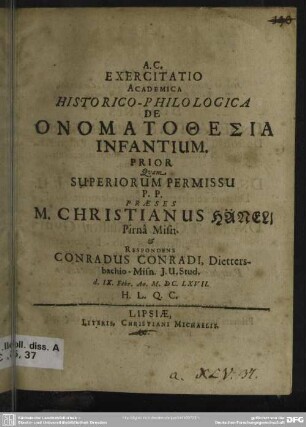 1: Exercitatio academica historico-philologica De onomatothesia infantium