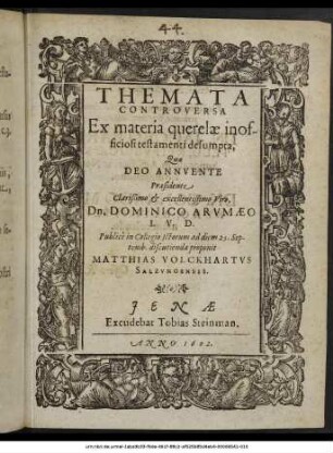 Themata Controversa Ex materia querelae inofficiosi testamenti desumpta