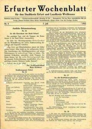 Mitteilungsblatt für die Stadt Erfurt und das Umland u.a. mit der Meldung des Einzugs sowjetischer Truppen und zur Ernährungslage