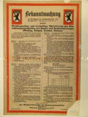 Maueranschlag: Bekanntmachung über die Beschlagnahme und freiwillige Ablieferung von Einrichtungsgegenständen aus Kupfer und Kupferlegierungen
