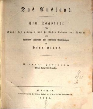 Das Ausland : Wochenschrift für Erd- und Völkerkunde. 4, 2. 1831