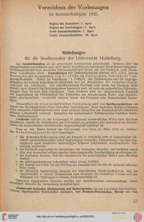 Verzeichnis der Vorlesungen im Sommerhalbjahr 1935