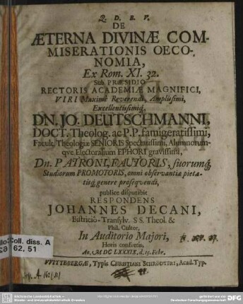 De aeterna divinae commiserationis oeconomia, ex Rom. XI. 32