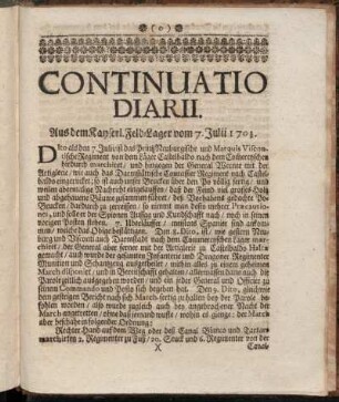 Continuatio Diarii. Aus dem Kayserl. Feld-Lager vom 7. Julii 1701.