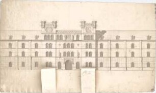 Voit, August von; Fassade - 1. Variante - Wohnhaus (Grundriss, Ansichten, Schnitt)