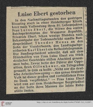 Korrespondenz Louise Ebert/Gustav Radbruch: Luise Ebert gestorben