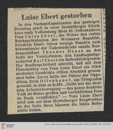Korrespondenz Louise Ebert/Gustav Radbruch: Luise Ebert gestorben