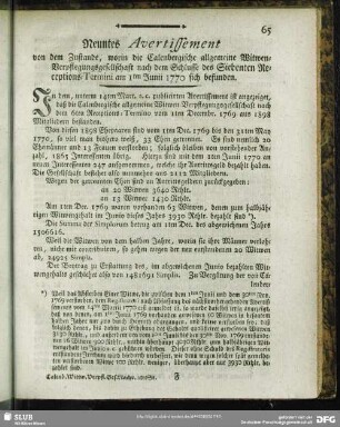 Neuntes Avertissement von dem Zustande, worin die Calenbergische allgemeine Witwen-Verpflegungsgesellschafft nach dem Schlusse des Siebenten Receptions-Termini den 1ten Junii 1769 sich befunden : [Hannover, den 31ten Julii 1770. Im Fürstenthum Calenberg verordnete Land- und Schatz-Räthe, auch Schatz-Deputirte]