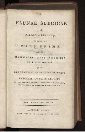 1: Faunae Suecicae A Carolo À Linné Equ. Inchoatae. Pars Prima