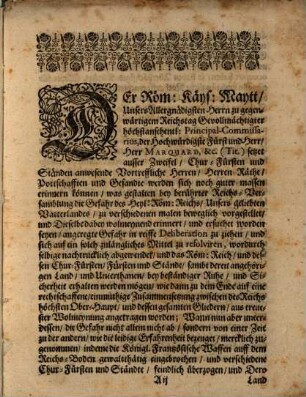 Decretum welches aus speciale Befelch Ihro Kays. Maytt. ... zu Regenspurg dem Chur-Mayntz-Reichs-Direcotio übergeben, und den 8. (18) Martii 1674 dictirt worden