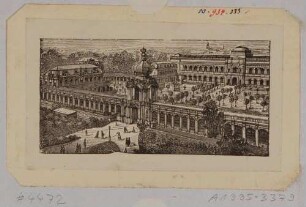 Blick vom Turmhaus (Palasthotel Weber) am Postplatz nach Nordwesten auf den Zwinger in Dresden, vorn die Langgalerie mit Kronentor, links der Mathematisch-Physikalische Pavillon und im Hintergrund die Sempergalerie