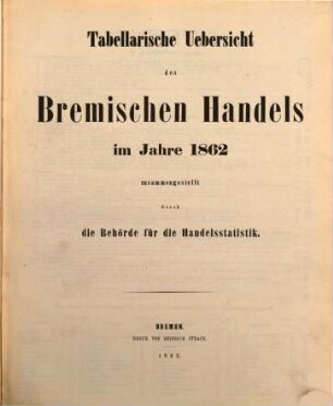 Tabellarische Übersicht des bremischen Handels : im Jahre ..., 1862