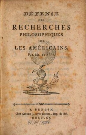 Défense Des Recherches Philosophiques Sur Les Américains