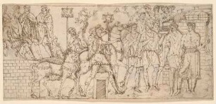 Beratung des Kaisers mit seinen Offizieren und Zug des Heeres zum Marschlager (nach der Szene VI und VII am Relief der Trajanssäule in Rom)