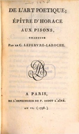 De l'art poétique : épître d'Horace, aux Pisons