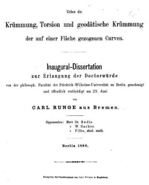 Ueber die Krümmung, Torsion und geodätische Krümmung der auf einer Fläche gezogenen Curven