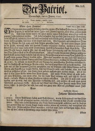 No. 106. Donnerstags, den 10. Jenner, 1726