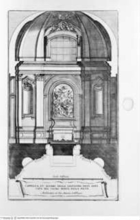 Disegni di vari altari e cappelle nelle chiese di Roma con le loro facciate fianchi piante e misure de più celebri architetti, Tafel 46: Palazzo del Monte di Pietà, Kapelle, Schnitt, Grundriss