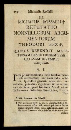 III. Michaelis Rossalli Refutatio Nonnullorum Argumentorum Theodori Bezae, ...