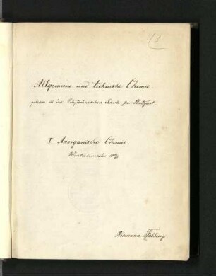 I. Anorganische Chemie. Wintersemester 1865/66