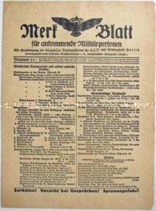 Informationsblatt für Militärangehörige über öffentlichen Einrichtungen in Berlin (Kirchen, Museen, Bäder, Behörden)
