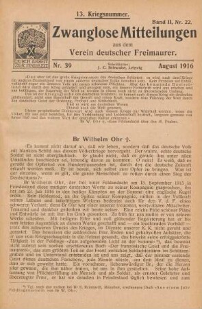 Nr. 39 August 1916 13. Kriegsnummer. Band II, Nr. 22.