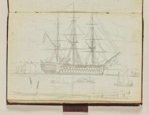 Landschaftsstudie mit handschriftlichen Notizen - Großes Segelschiff