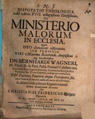 Disp. theol. ad art. VIII. Augustanae confessionis, de ministerio malorum in ecclesia,