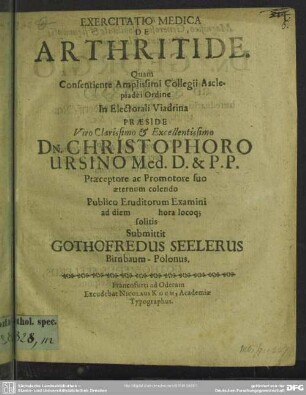 Exercitatio medica de arthritide