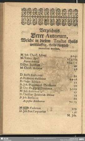 Verzeichnis Derer Autorum, Welche in diesem Tractat theils weitläuffig, theils kürtzlich recensiret worden