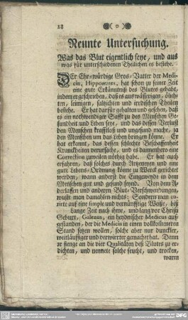 Neunte Untersuchung. Was das Blut eigentlich seye, und aus was für unterschiedenen Theilichen es bestehe