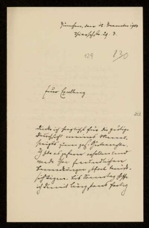 129: Brief von Karl von Unzer an Gottlieb Planck, München, 12.11.1903