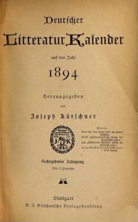 Deutscher Litteratur-Kalender : auf das Jahr .... 16. 1894
