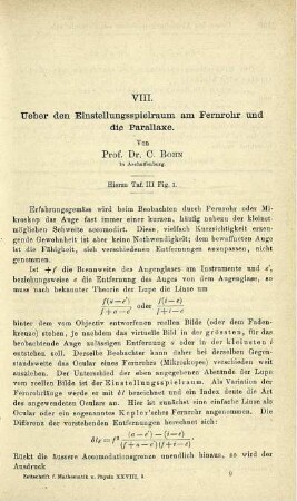 VIII. Ueber den Einstellungsspielraum am Fernrohr und die Parallaxe.