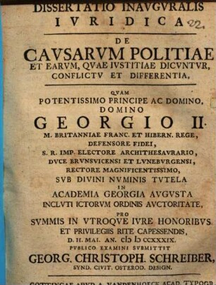 Dissertatio Inauguralis Iuridica De Causarum Politiae Et Earum, Quae Iustitiae Dicuntur, Conflictu Et Differentia