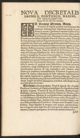 Nova Dbcretalis Leonis X. Pontificis Maximi. De Indulgentiis.