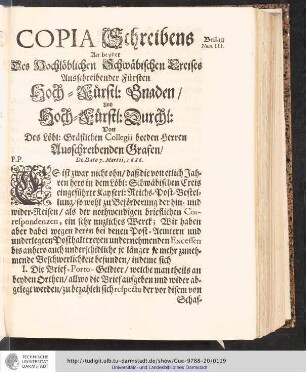 Beilag Num. III. Copia Schreibens