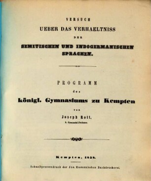 Versuch über das Verhaeltniss der semitischen und indogermanischen Sprachen