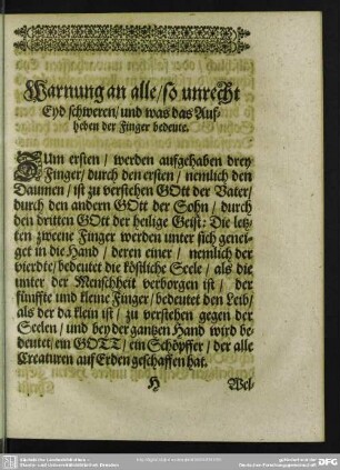 Warnung an alle, so unrecht Eyd schweren, und was das Aufheben der Finger bedeute