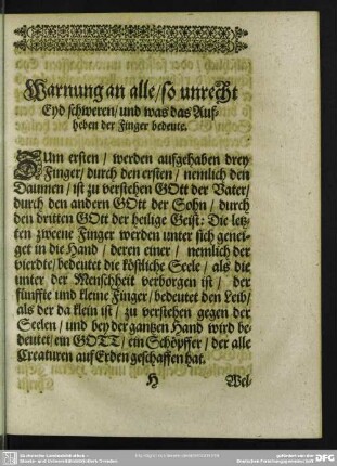 Warnung an alle, so unrecht Eyd schweren, und was das Aufheben der Finger bedeute