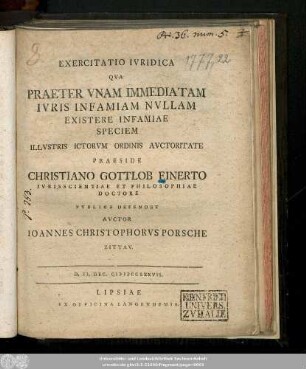 Exercitatio Iuridica Qua Praeter Unam Immediatam Iuris Infamiam Nullam Existere Infamiae Speciem