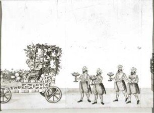 Aufzug mit Inventionen unter Herzog Augustus von Sachsen : Aufzug mit Inventionen unter Herzog Augustus von Sachsen. Ausschnitt: Die sechste Invention mit dem Lustgarten. Feder, Pinsel, Tusche, Wasserfarben; 296 x 307 mm (Bildgröße). 1613. Dresden: Hauptstaatsarchiv D:103/84