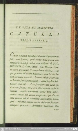 De Vita Et Scriptis Catulli Brevis Narratio