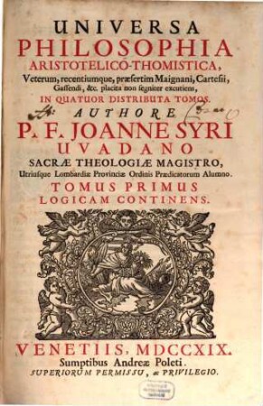 Universa philosophia Aristotelico-Thomistica, 1