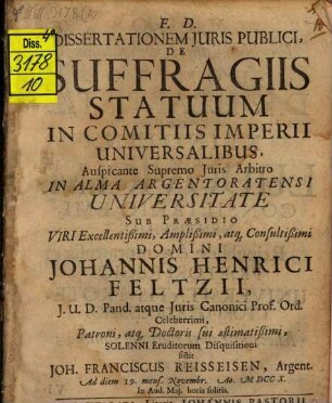 Dissertationem Juris Publici, De Suffragiis Statuum In Comitiis Imperii Universalibus