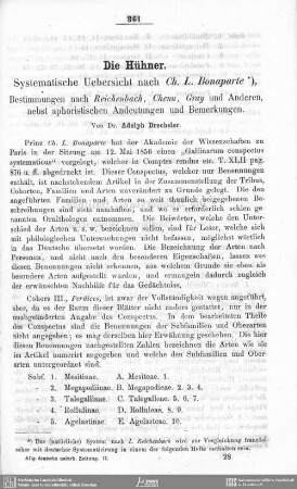 Die Hühner : Systematische Uebersicht nach Ch. L. Bonaparte, Bestimmungen nach Reichenbach, Chenu, Gray und Anderern, nebst aphoristischen Andeutungen und Bemerkungen