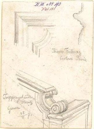 Walther, Conradin; u. a. Deutschland; Italien; Sammlung Conradin Walther: Band III, Nr. 167 - 219 (fol. 179 - 229) - Türenfüllung, Certosa Pavia (Detail, Schnitt); Treppengeländeraufsatz, Genua (Perspektive)