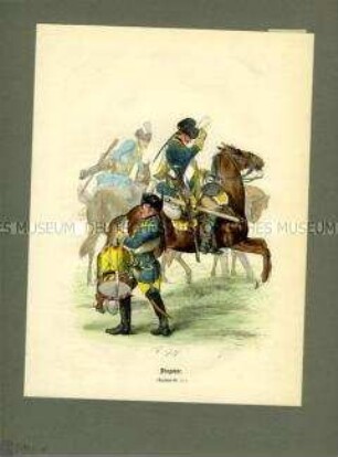 Dragoner und Tambour, Dragoner-Regiment D XI, Preußen um 1780. Aus Lange/Menzel: Die Soldaten Friedrichs des Großen.