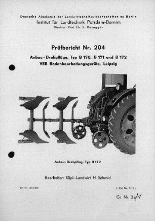 Anbau-Drehpflüge, Typ B 170, B 171 und B 172