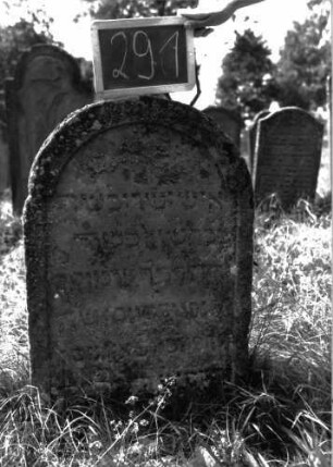 Grabstein 291 (Index: 100103153) Material: Sandstein Zustand: stark verwittert, teilweiser Textverlust Maße HxBxT: 91x59x10 cm Beschreibung: Stele, Rundbogenabschluss, Schriftfeld eingetieft mit eingezogenem Rundbogenabschluss: Grabstein 291